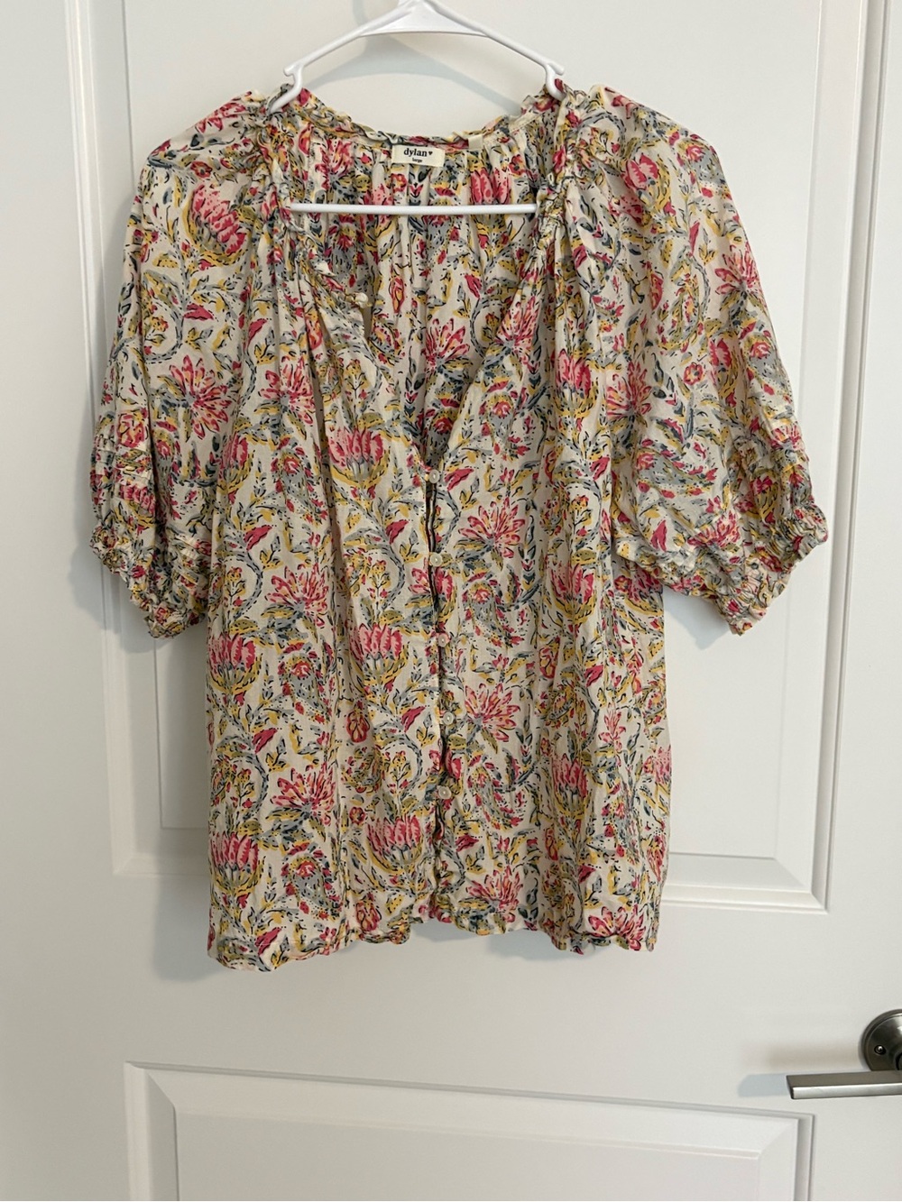 dylan Cream Floral Button-Front Blouse with Pink & Yellow Accents